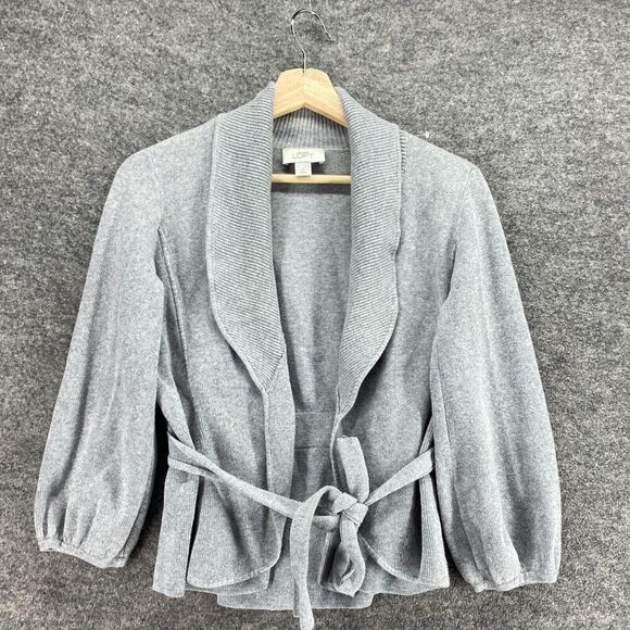 Loft Cardigan Women S Small Gray Knit Collared Open Front Belted Long Sleeve - Picture 3 of 9